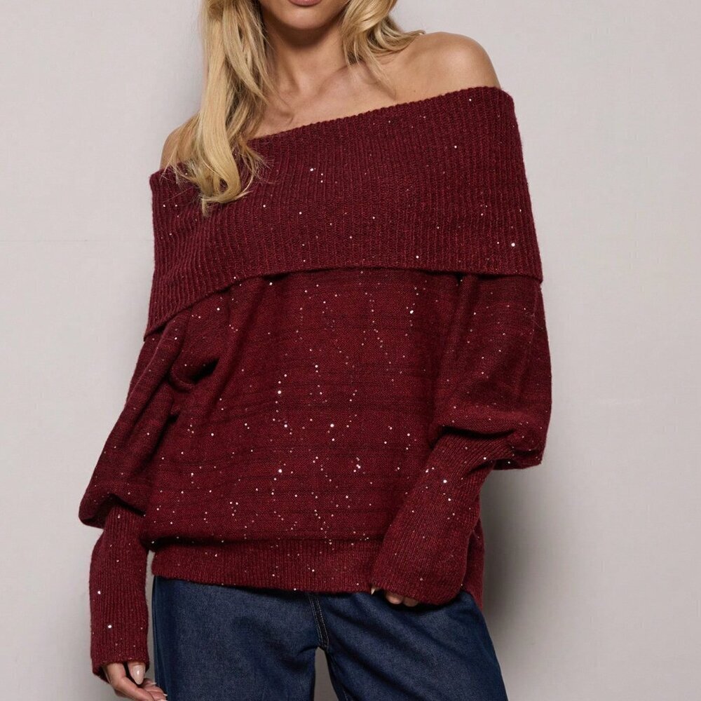 Burgundy Elegant Women's Sequin Off-Shoulder Sweater